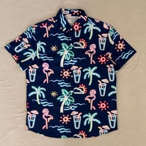 Vibrant Neon Tropical Graphic Button Up Short Sleeved Navy Shirt Men's Size LG
